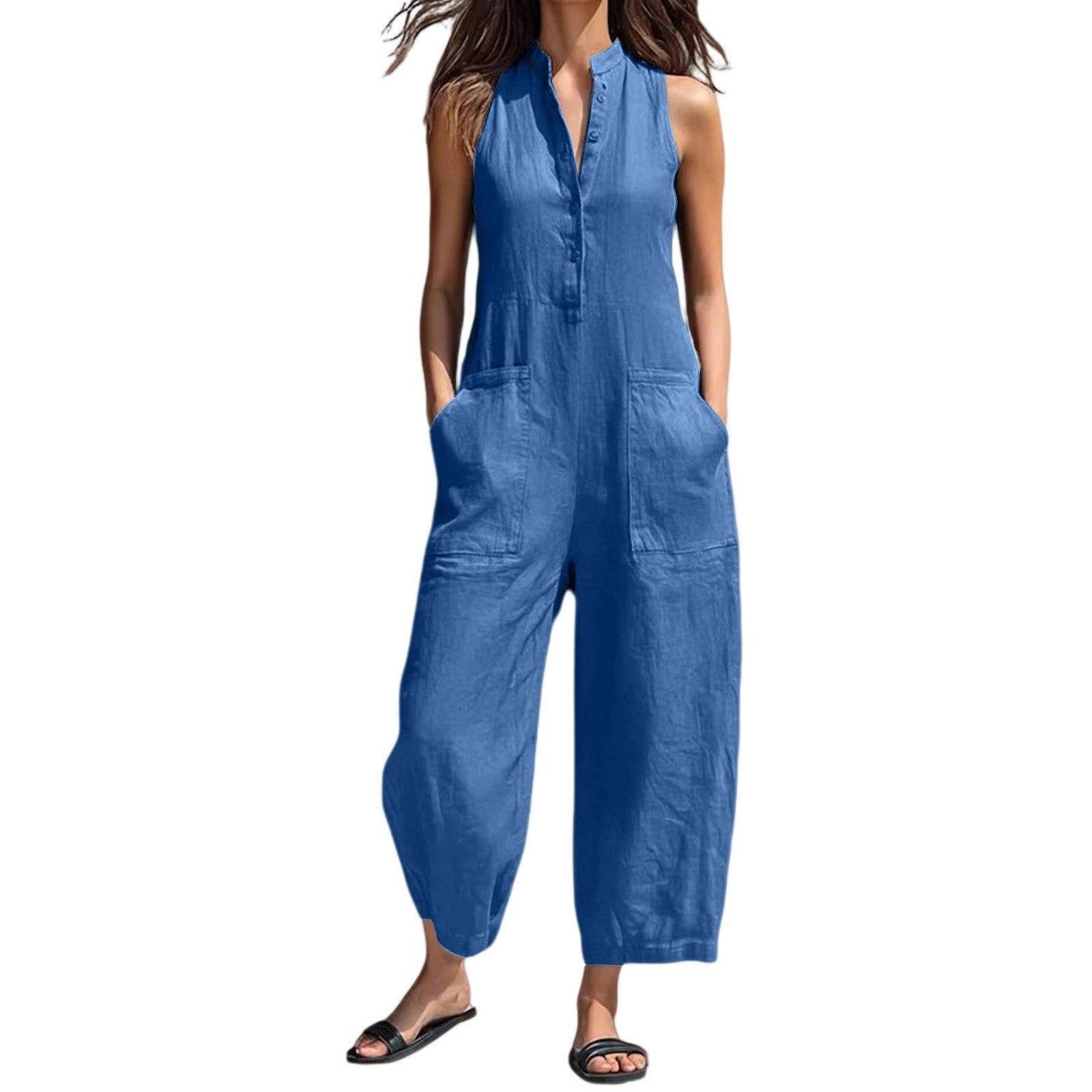 Black Minimalist Faux Linen Button-down Collar Sleeveless Loose-fitting Jumpsuit