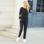 Women's Solid Long Sleeve Round Neck Pulloever Top Drawstring Pants Set