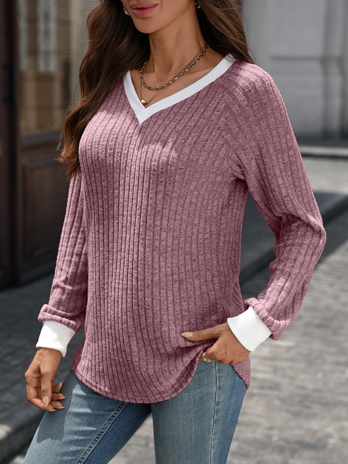 New Women's V-neck Color Block Long Sleeve Ribbed Sweater