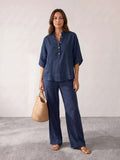 Linen set with batwing sleeves and wide-leg trousers