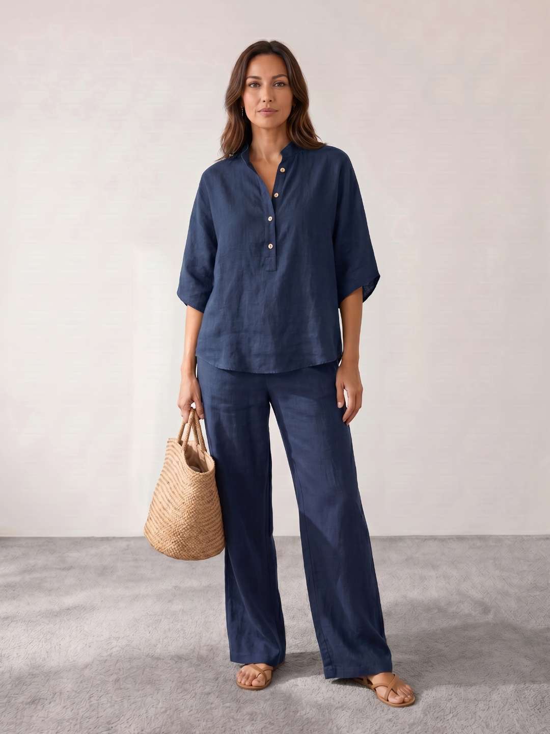 Linen set with batwing sleeves and wide-leg trousers