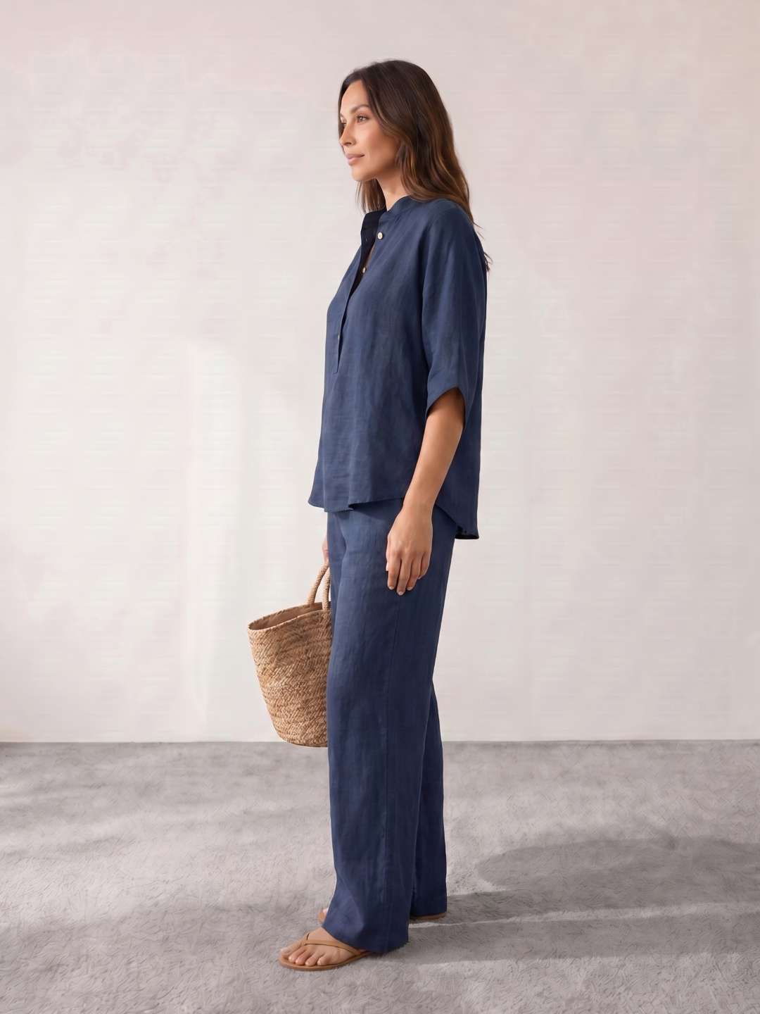 Linen set with batwing sleeves and wide-leg trousers