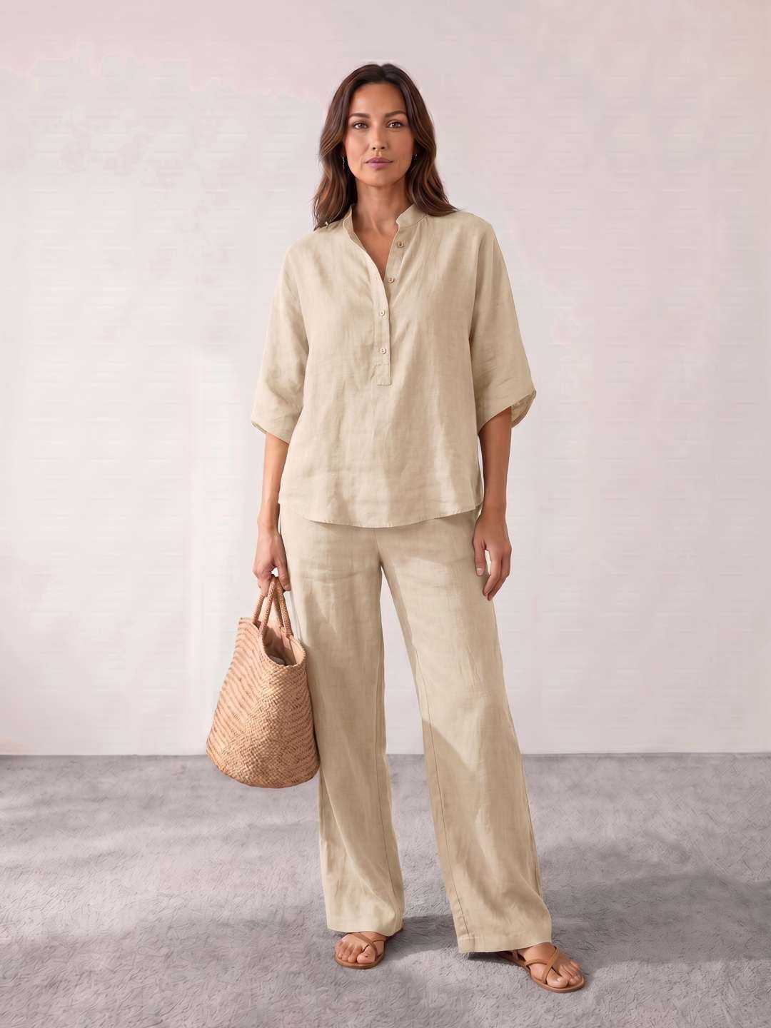 Linen set with batwing sleeves and wide-leg trousers