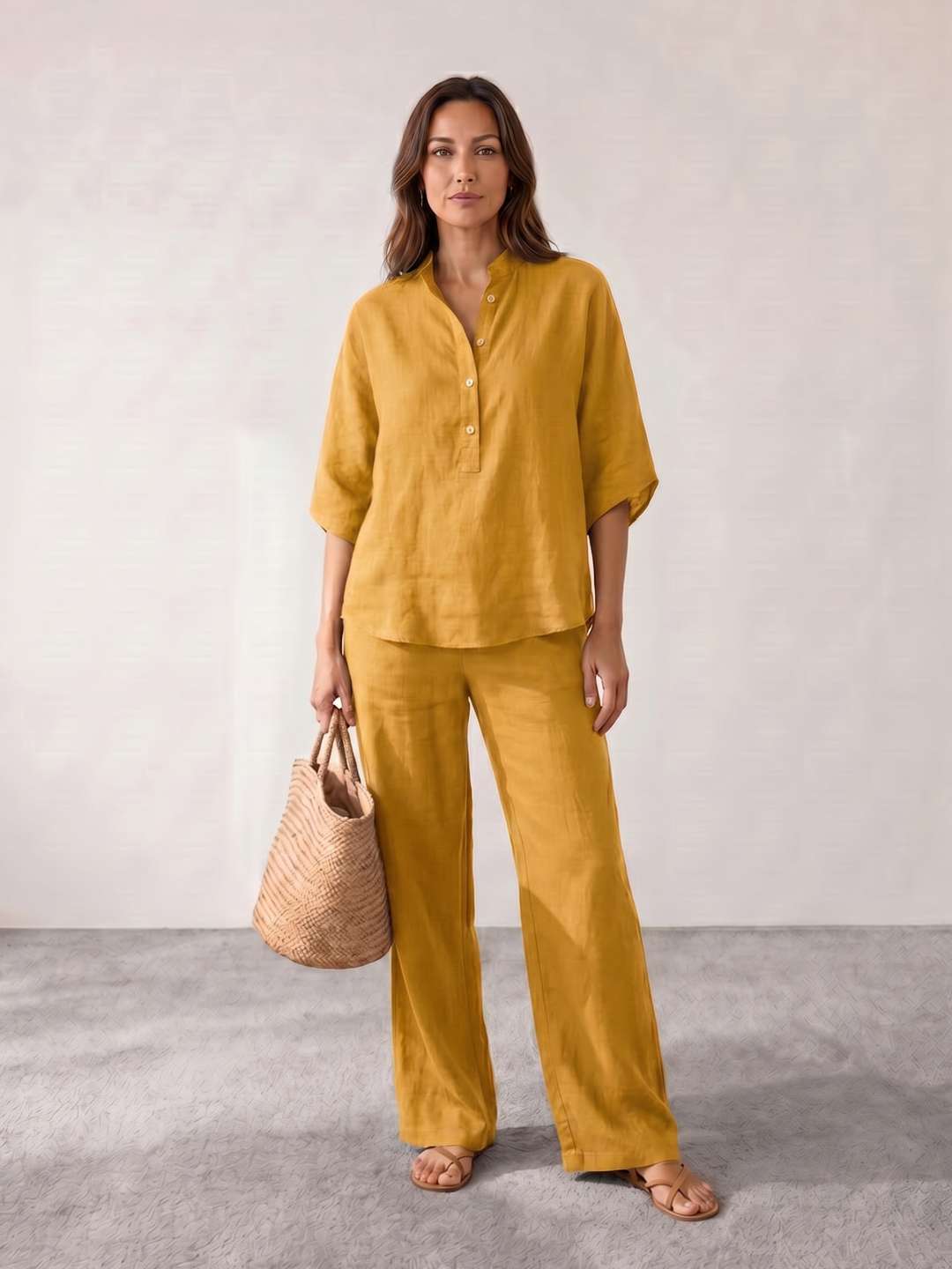 Linen set with batwing sleeves and wide-leg trousers
