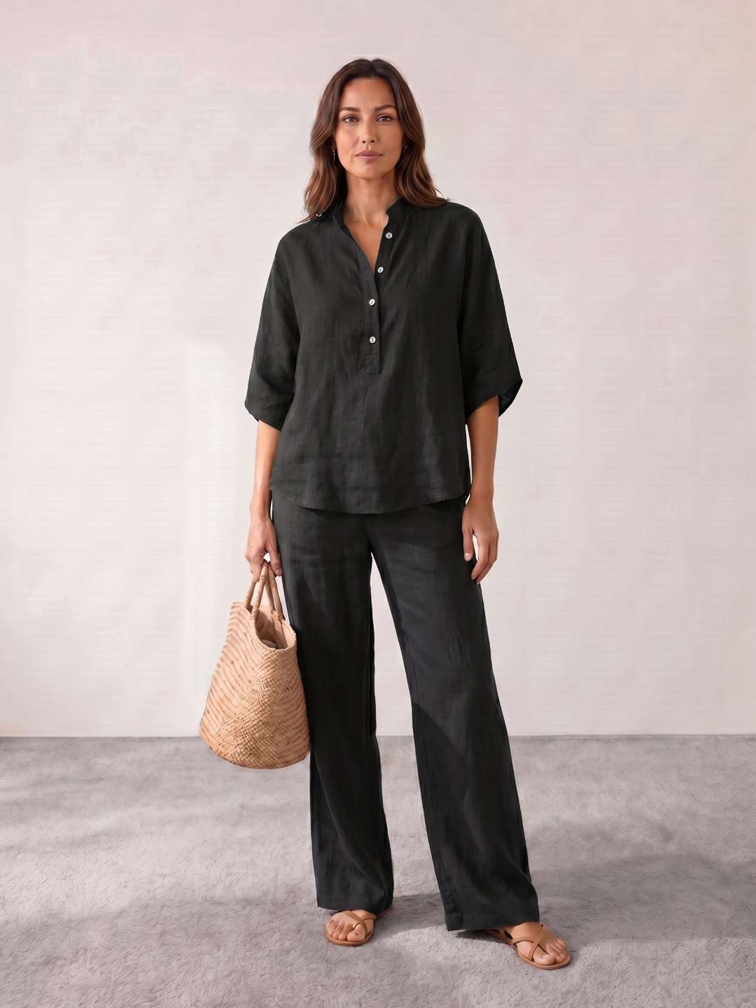 Linen set with batwing sleeves and wide-leg trousers