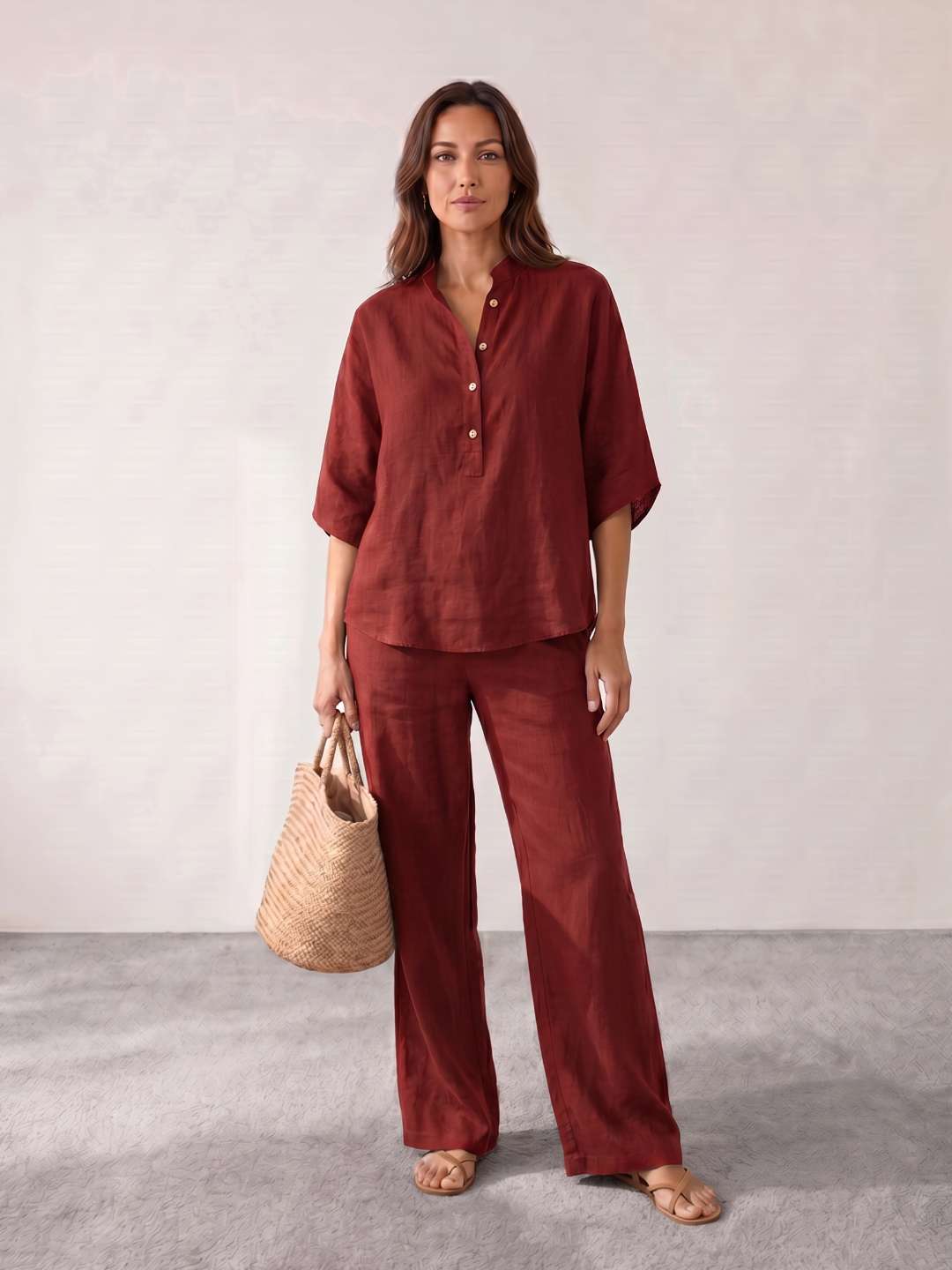 Linen set with batwing sleeves and wide-leg trousers
