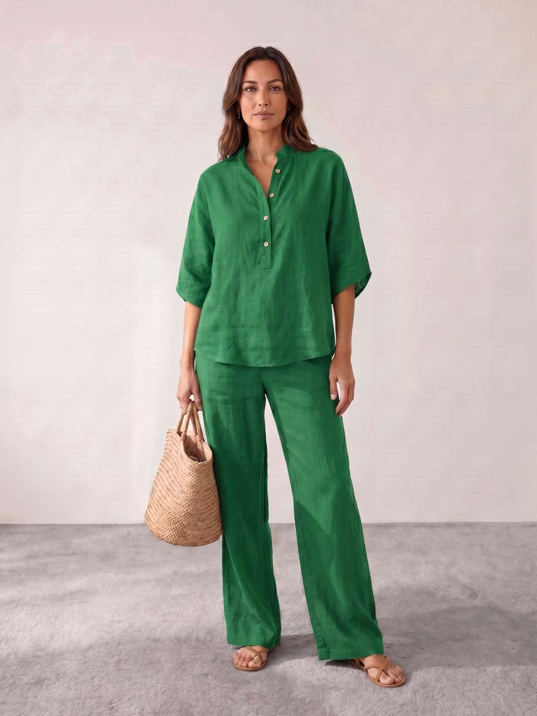 Linen set with batwing sleeves and wide-leg trousers
