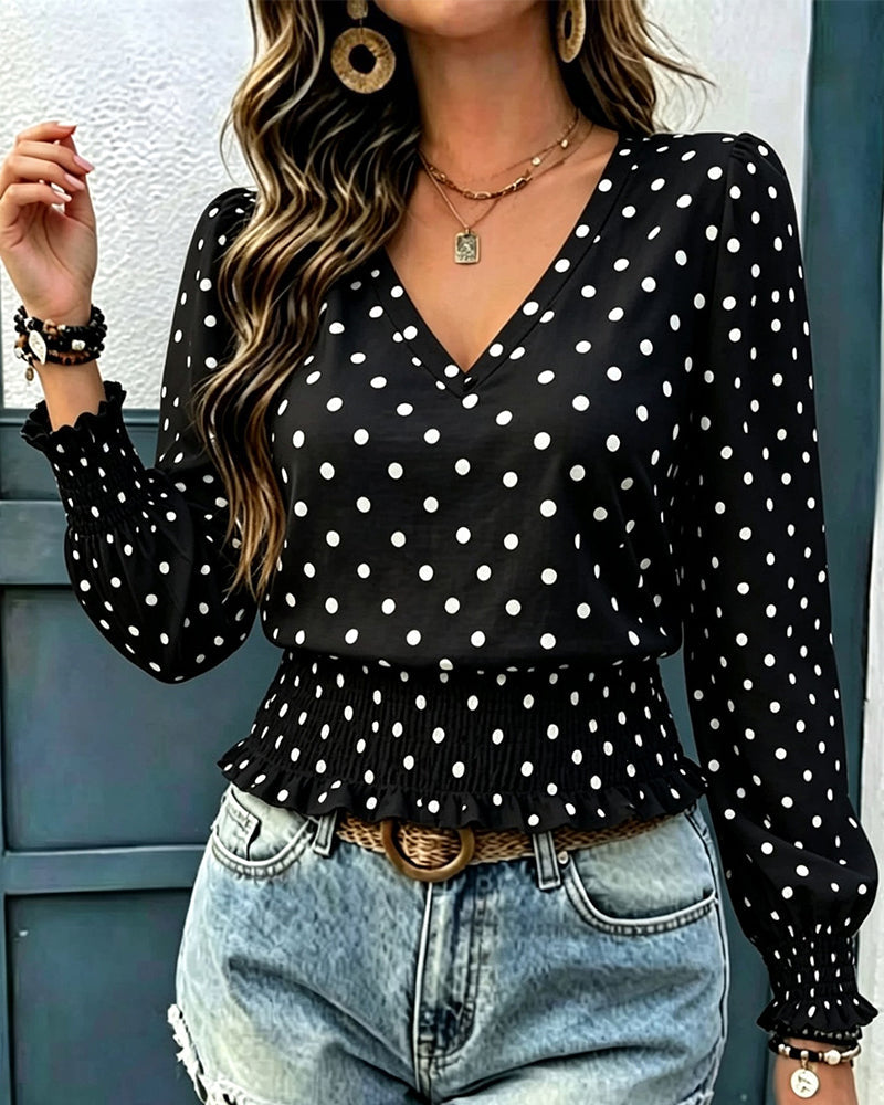 Chic Polka Dot Print Lantern Sleeve Blouse