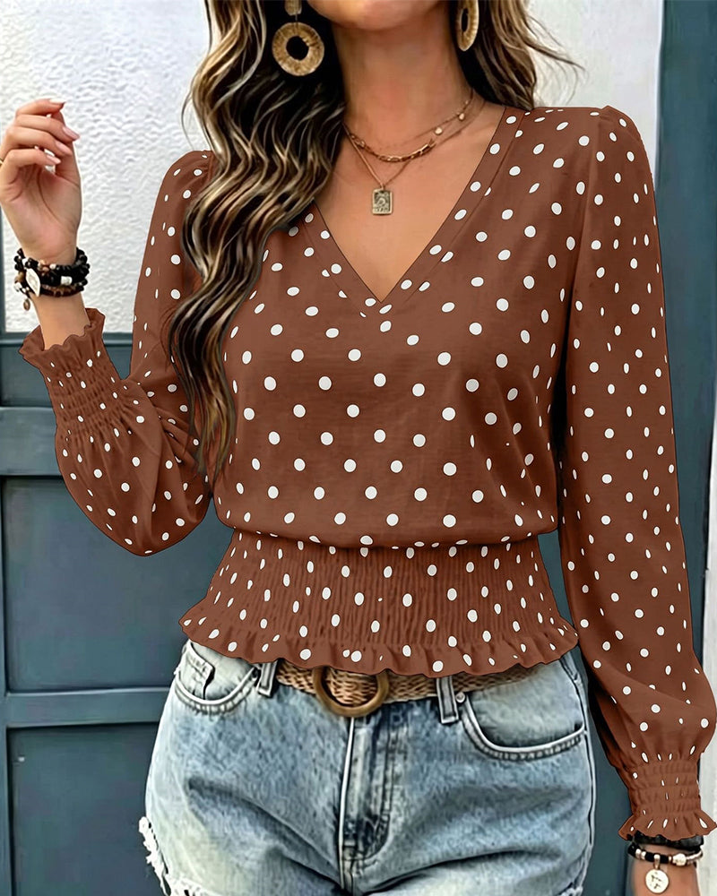 Chic Polka Dot Print Lantern Sleeve Blouse