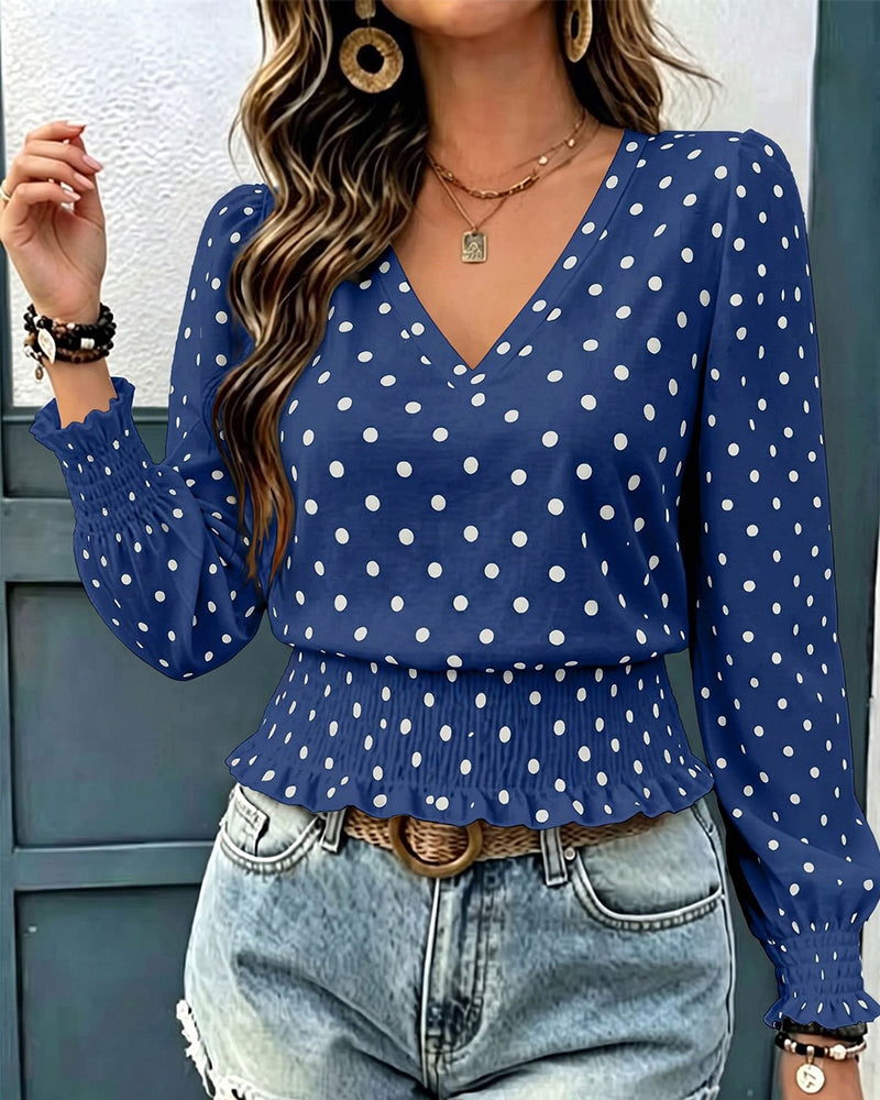 Chic Polka Dot Print Lantern Sleeve Blouse