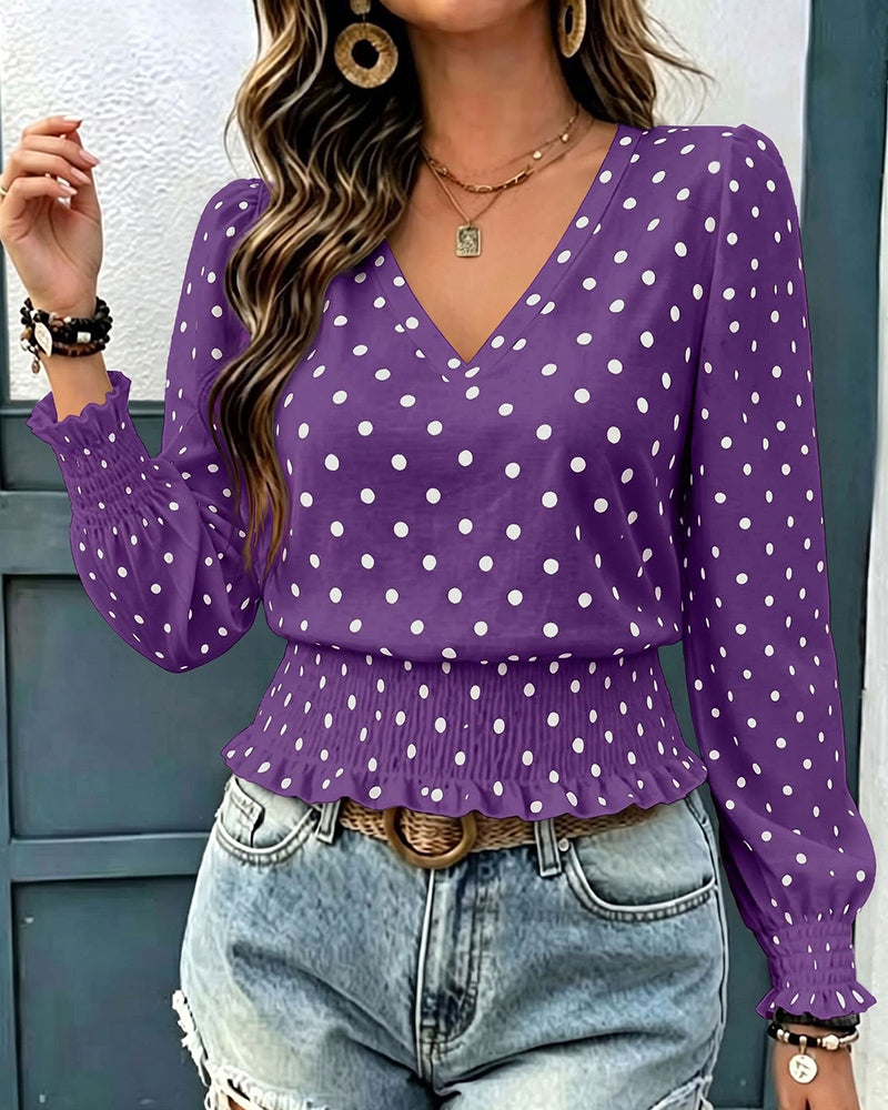 Chic Polka Dot Print Lantern Sleeve Blouse