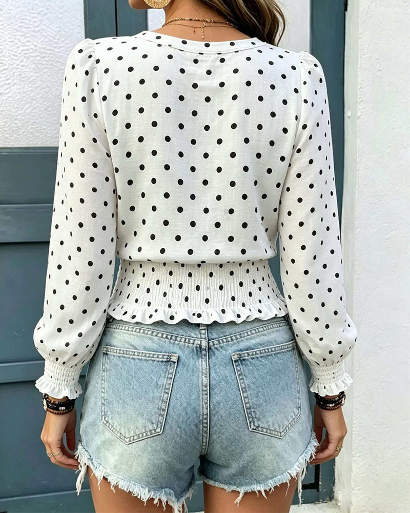 Chic Polka Dot Print Lantern Sleeve Blouse
