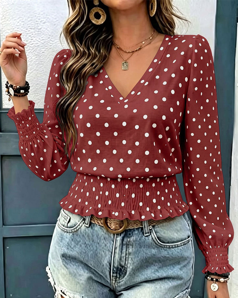 Chic Polka Dot Print Lantern Sleeve Blouse