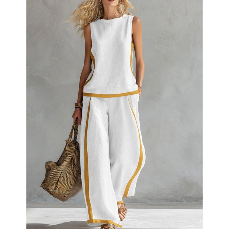 🔥Casual Sleeveless Colorblock Top & Wide-Leg Pants Set