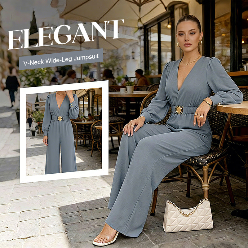 ⌛Limited-Time Discount !☀️New Arrivals - V-Neck Belted Jumpsuit with Flowing Wide-Leg